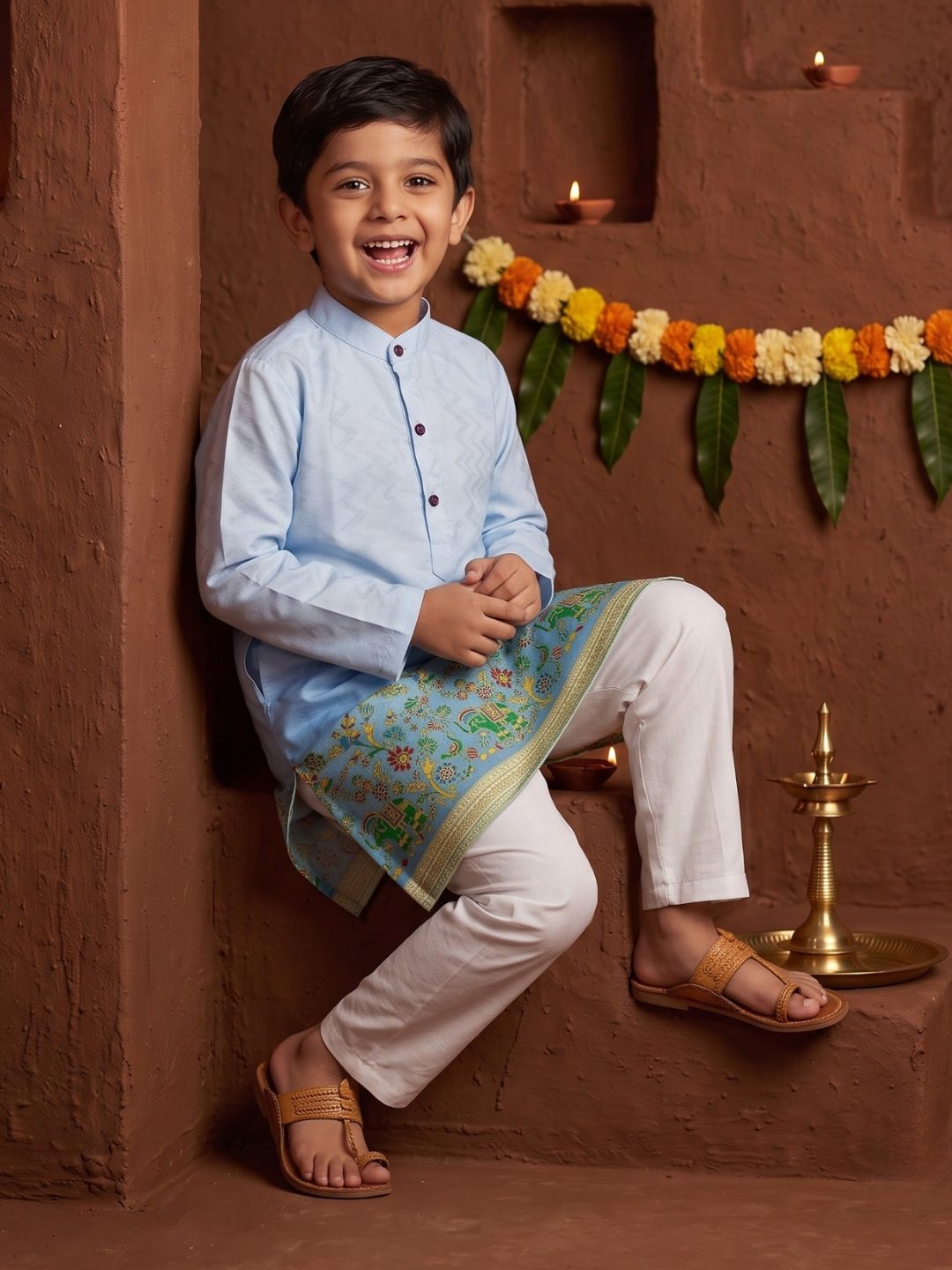 Blue Elephant Printed Cotton Blend Kurta Pyjama Set For Boys