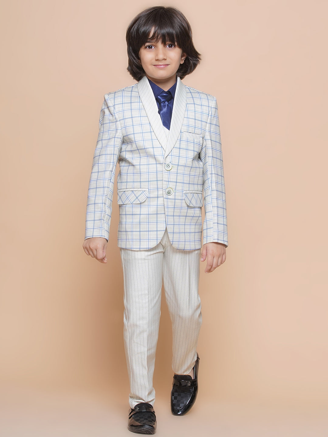 Boys Kids Check Light Green Cotton Blend Suit Set - AJ Dezines