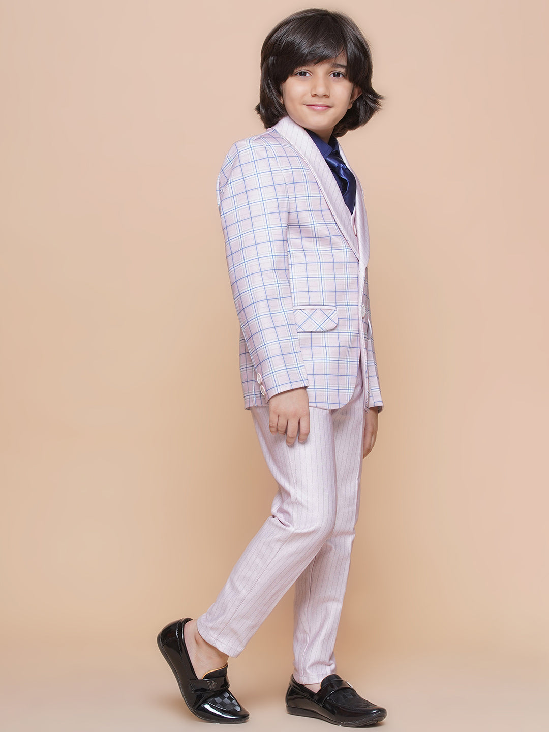 Boys Kids Check Light Pink Cotton Blend Suit Set - AJ Dezines