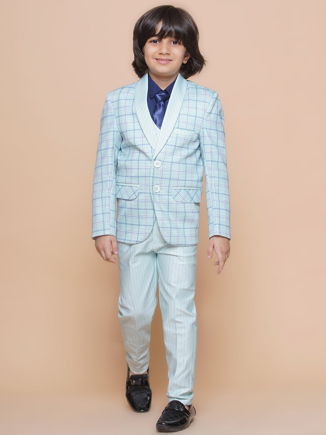 Boys Kids Check Sky Blue Cotton Blend Suit Set - AJ Dezines