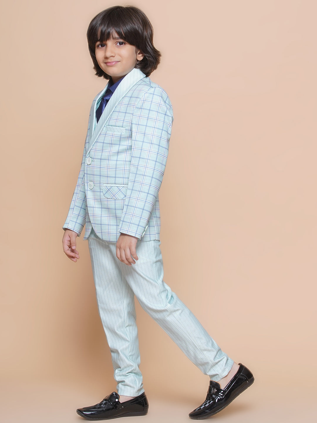 Boys Kids Check Sky Blue Cotton Blend Suit Set - AJ Dezines