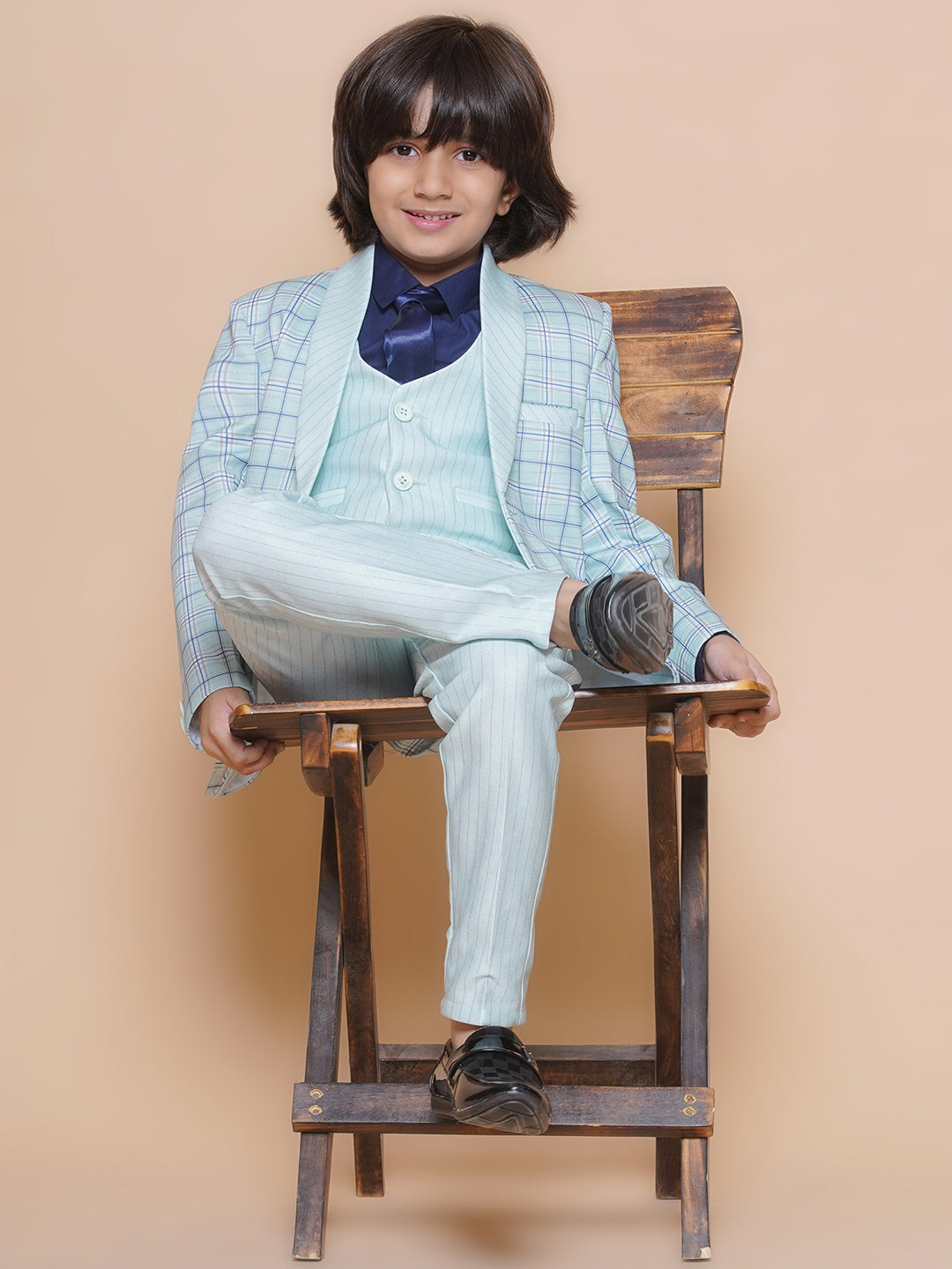 Boys Kids Check Sky Blue Cotton Blend Suit Set - AJ Dezines