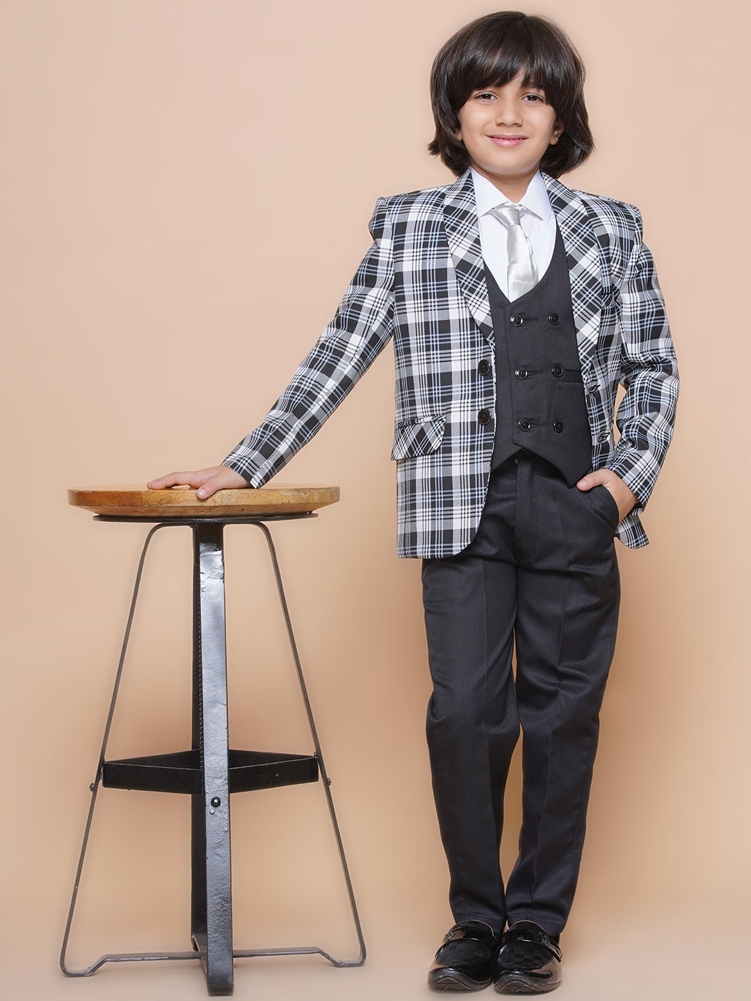 Boys Kids Check White Cotton Blend Suit Set - AJ Dezines