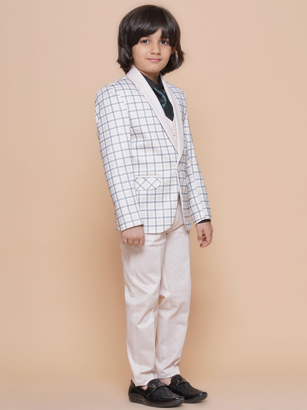 Boys Kids Check Peach Cotton Blend Suit Set - AJ Dezines