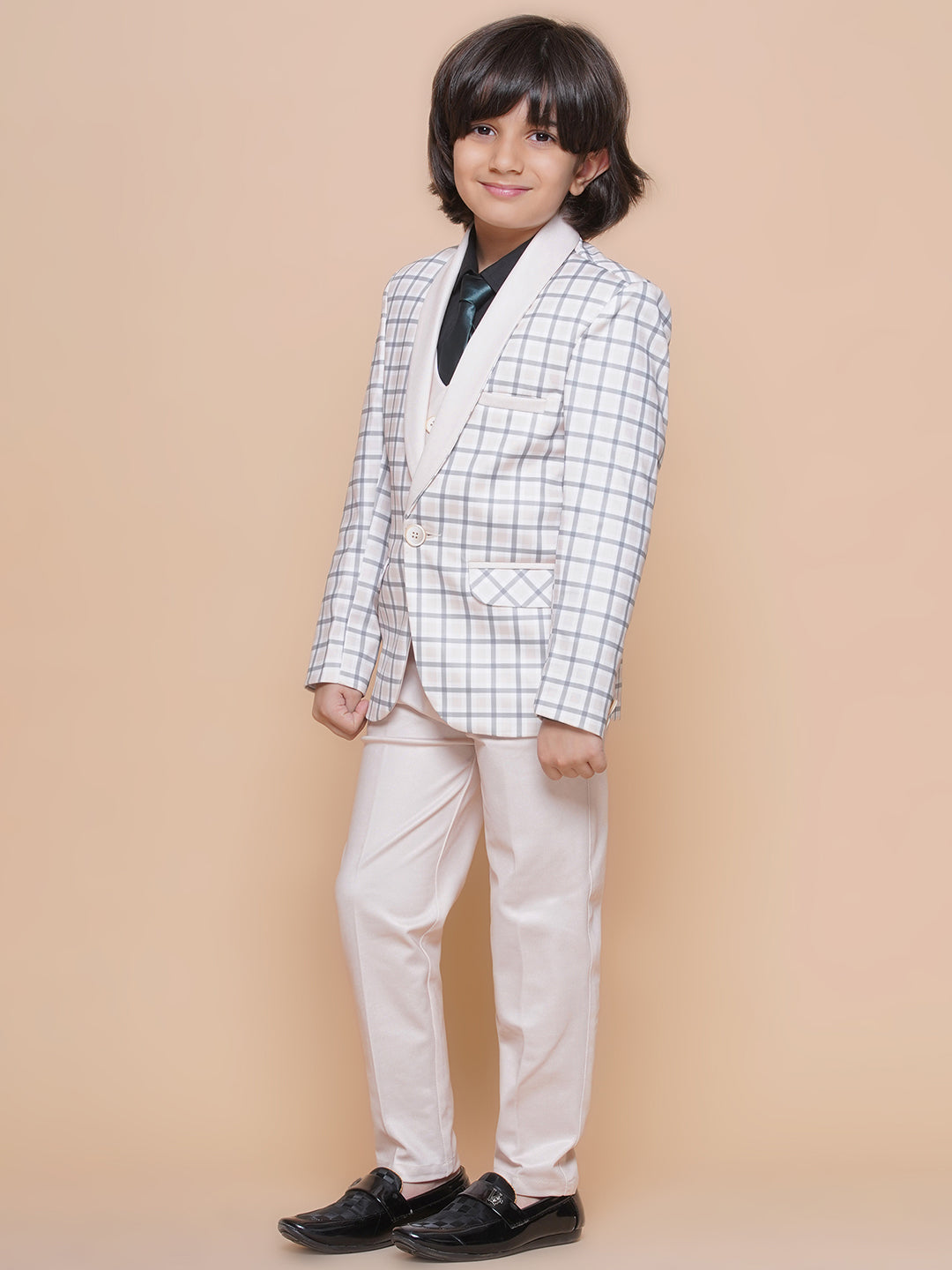 Boys Kids Check Peach Cotton Blend Suit Set - AJ Dezines