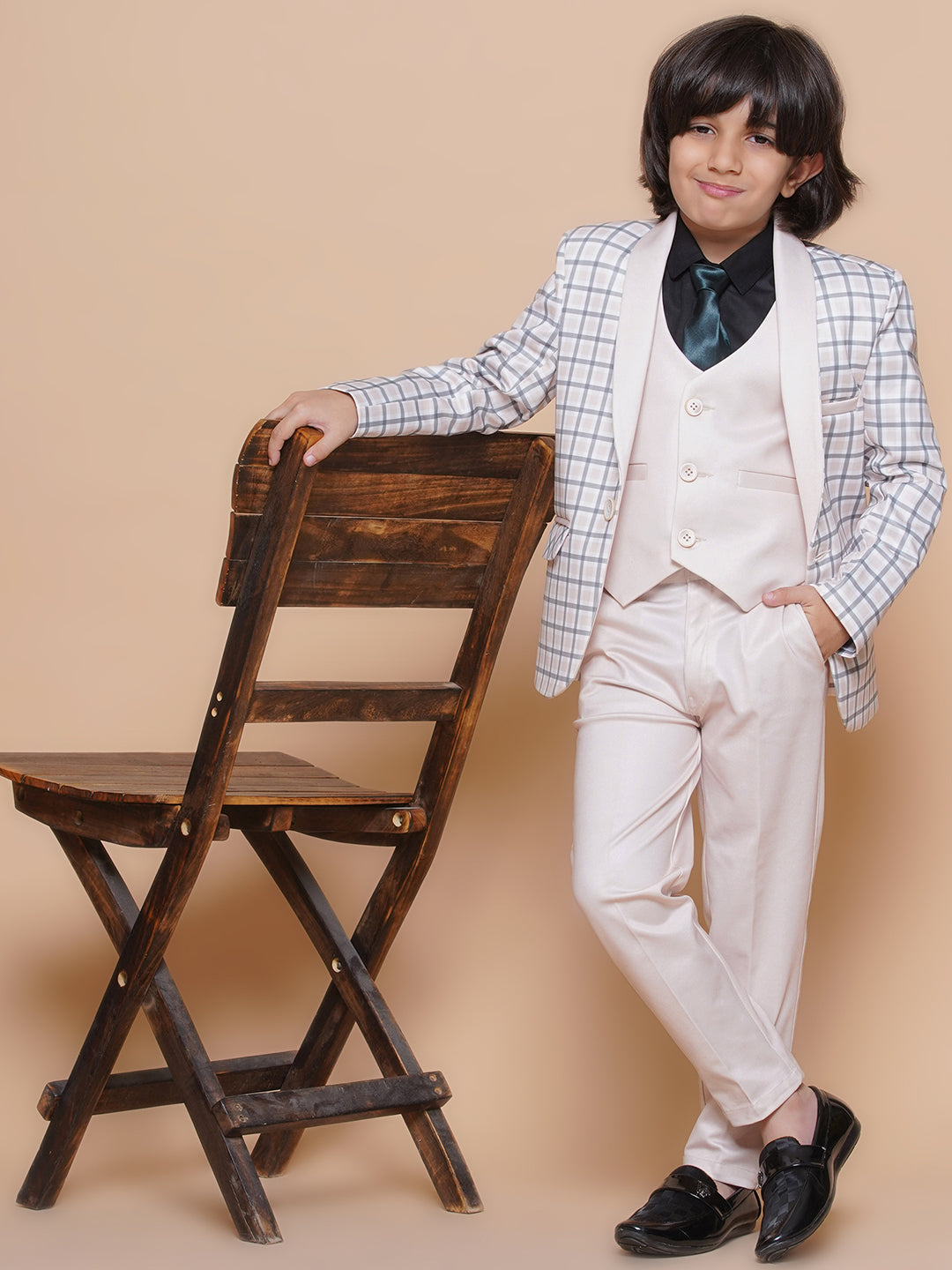 Boys Kids Check Peach Cotton Blend Suit Set - AJ Dezines