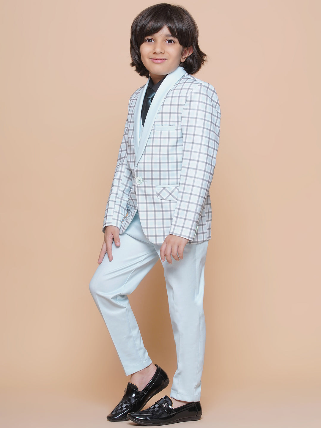 Boys Kids Check Sky Blue Cotton Blend Suit Set - AJ Dezines