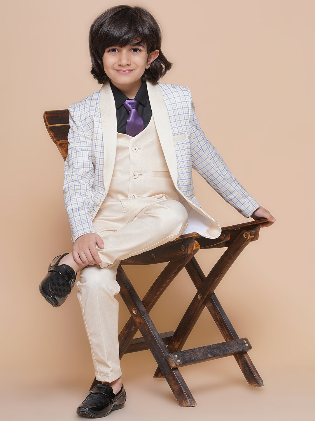 Boys Kids Check Light Yellow Cotton Blend Suit Set - AJ Dezines