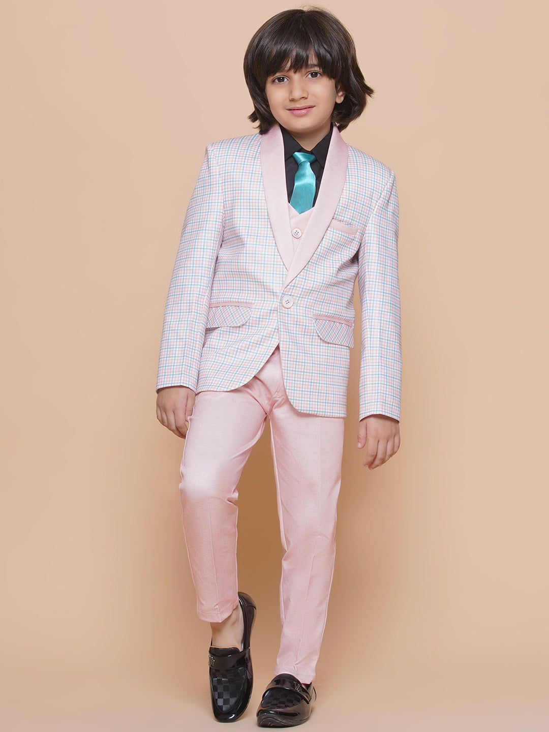 Boys Kids Check Light Peach Cotton Blend Suit Set - AJ Dezines