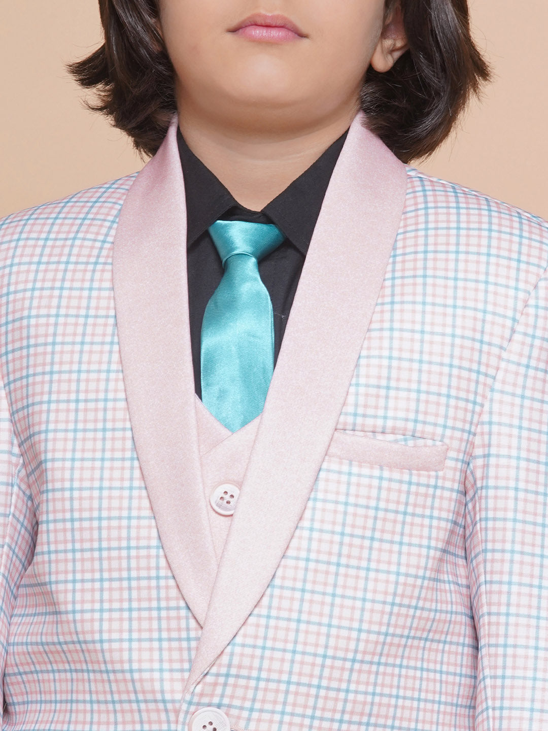 Boys Kids Check Light Peach Cotton Blend Suit Set - AJ Dezines