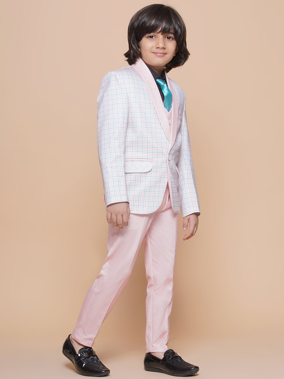 Boys Kids Check Light Peach Cotton Blend Suit Set - AJ Dezines