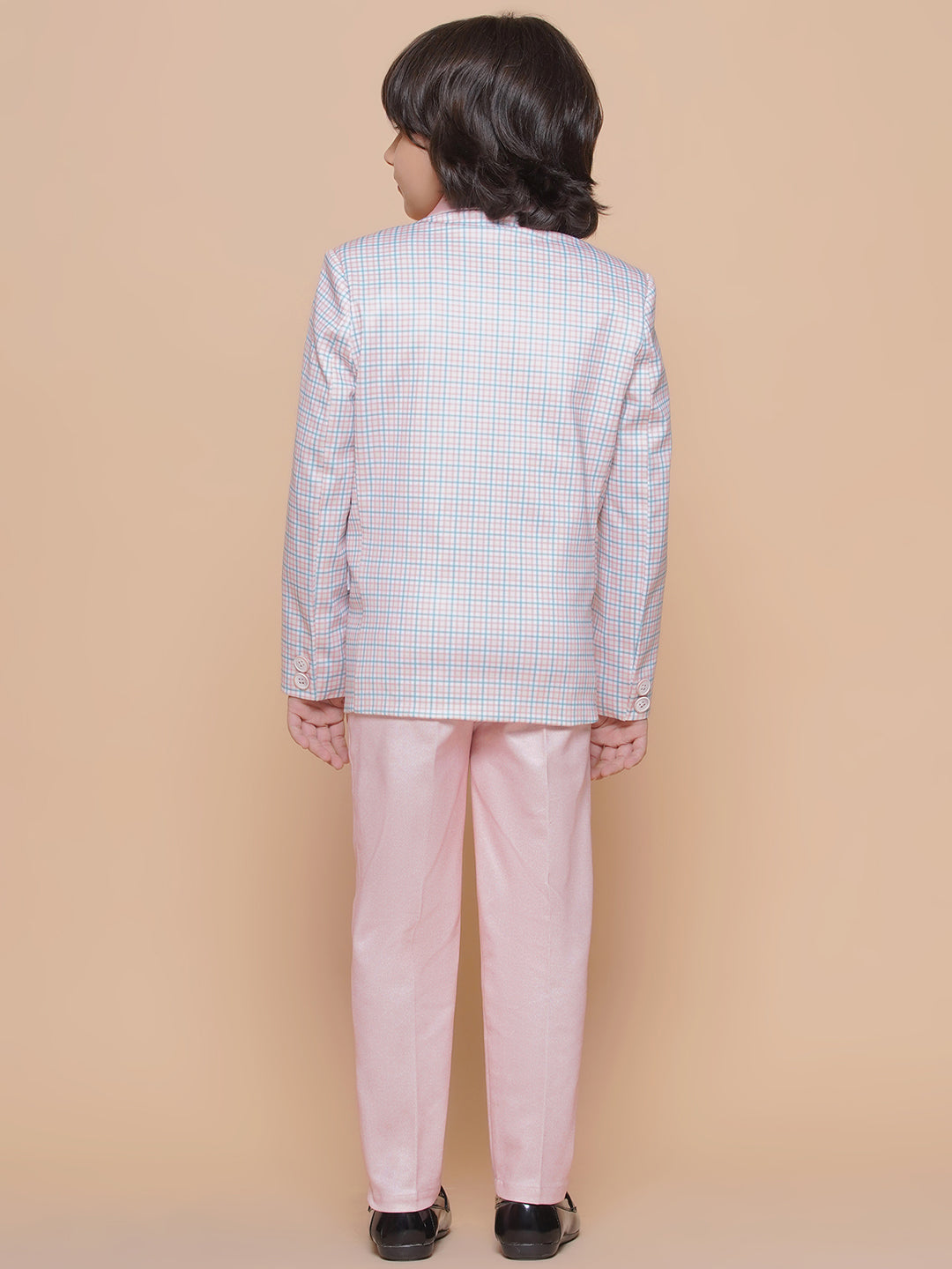 Boys Kids Check Light Peach Cotton Blend Suit Set - AJ Dezines