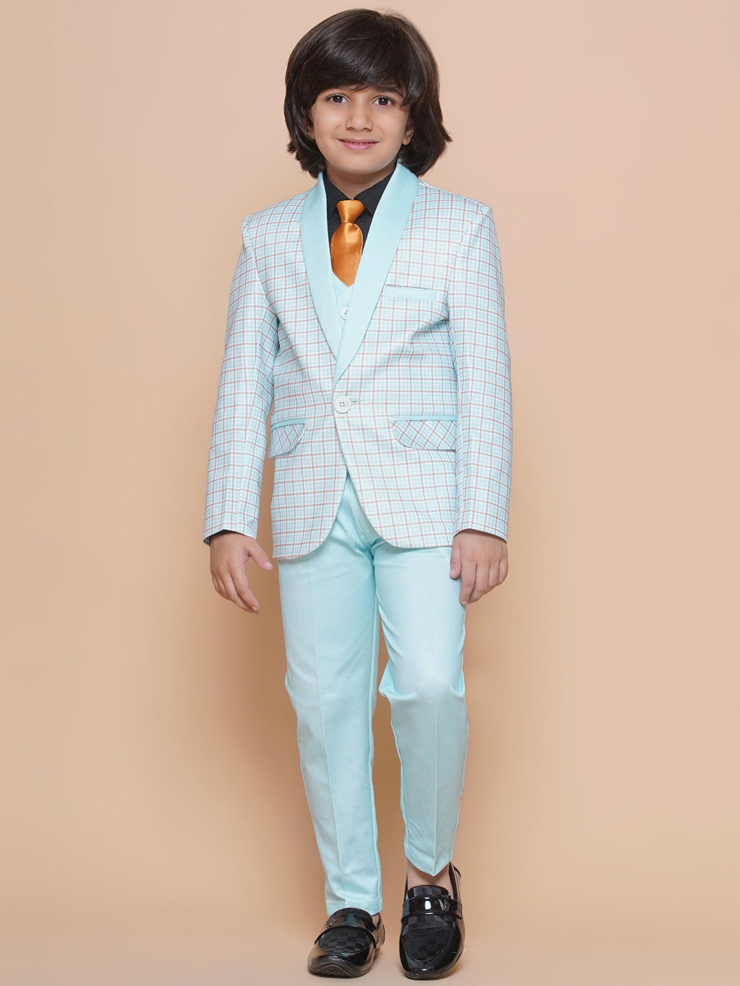 Boys Kids Check Sky Blue Cotton Blend Suit Set - AJ Dezines