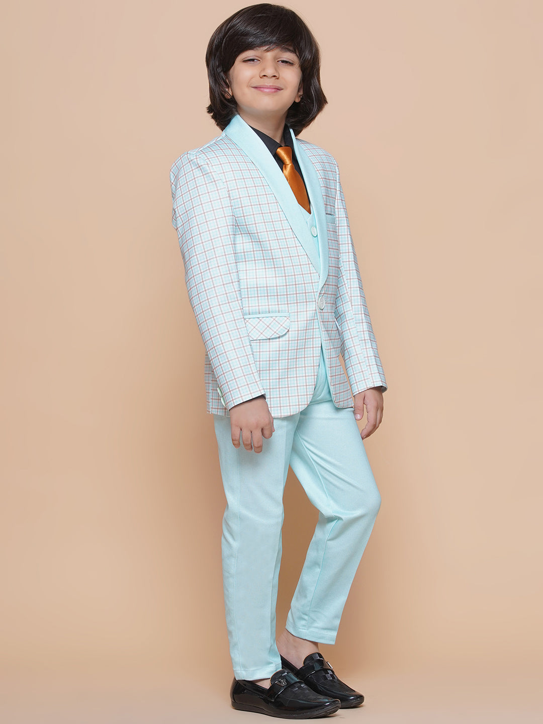 Boys Kids Check Sky Blue Cotton Blend Suit Set - AJ Dezines