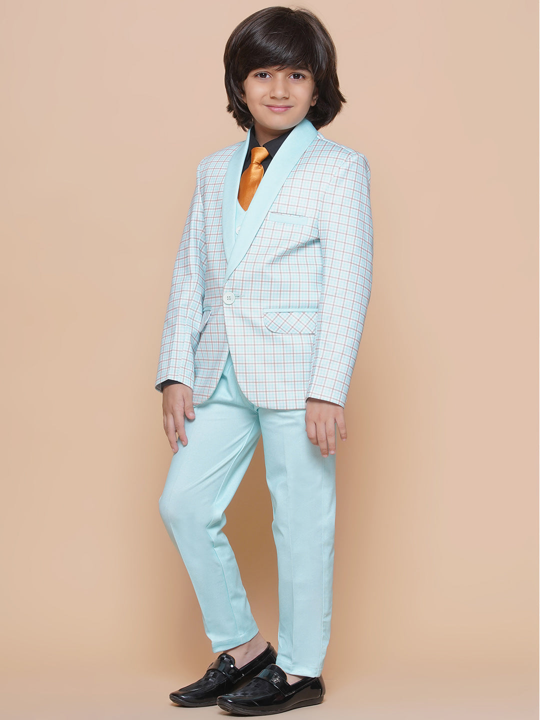 Boys Kids Check Sky Blue Cotton Blend Suit Set - AJ Dezines