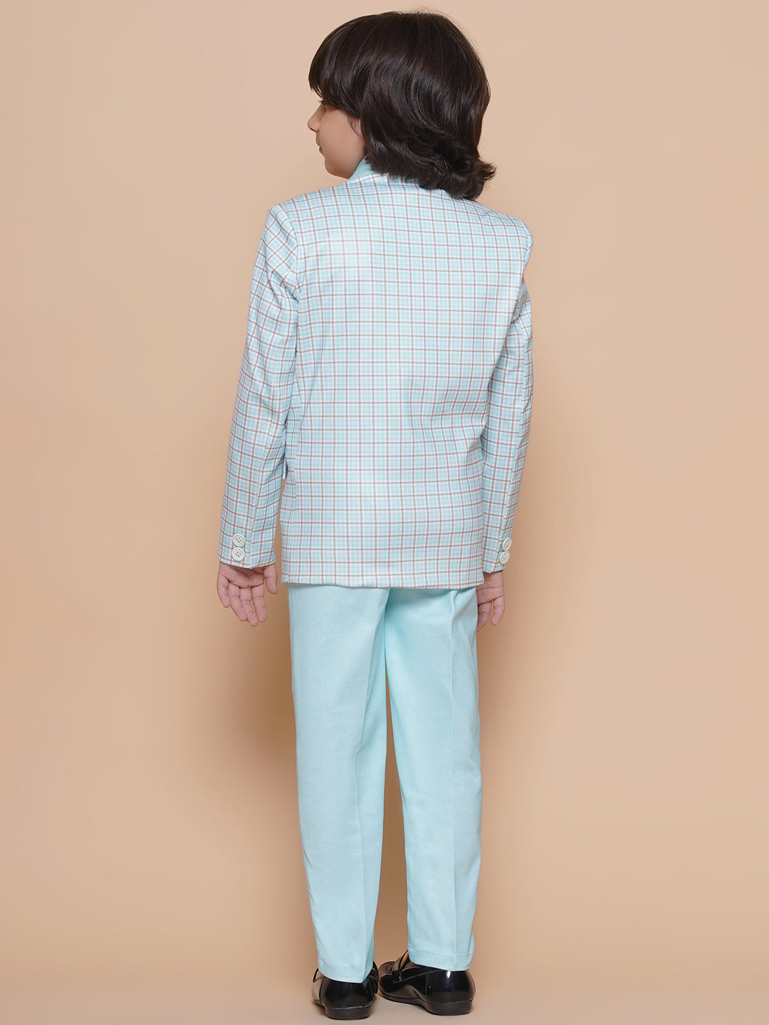 Boys Kids Check Sky Blue Cotton Blend Suit Set - AJ Dezines