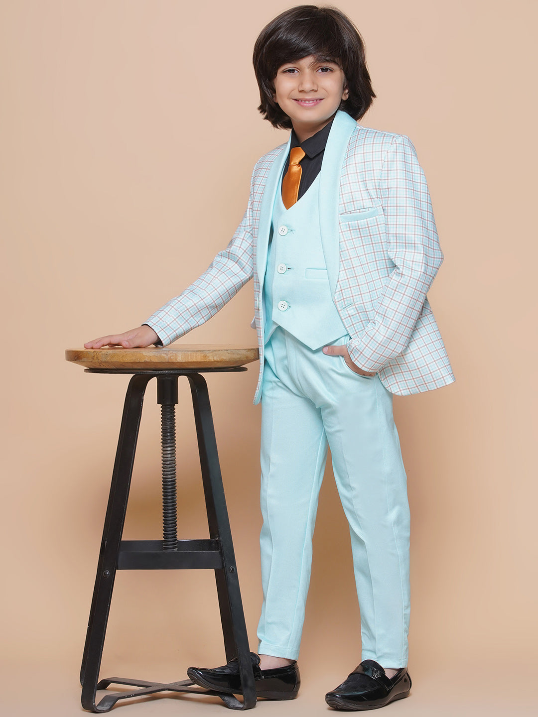 Boys Kids Check Sky Blue Cotton Blend Suit Set - AJ Dezines