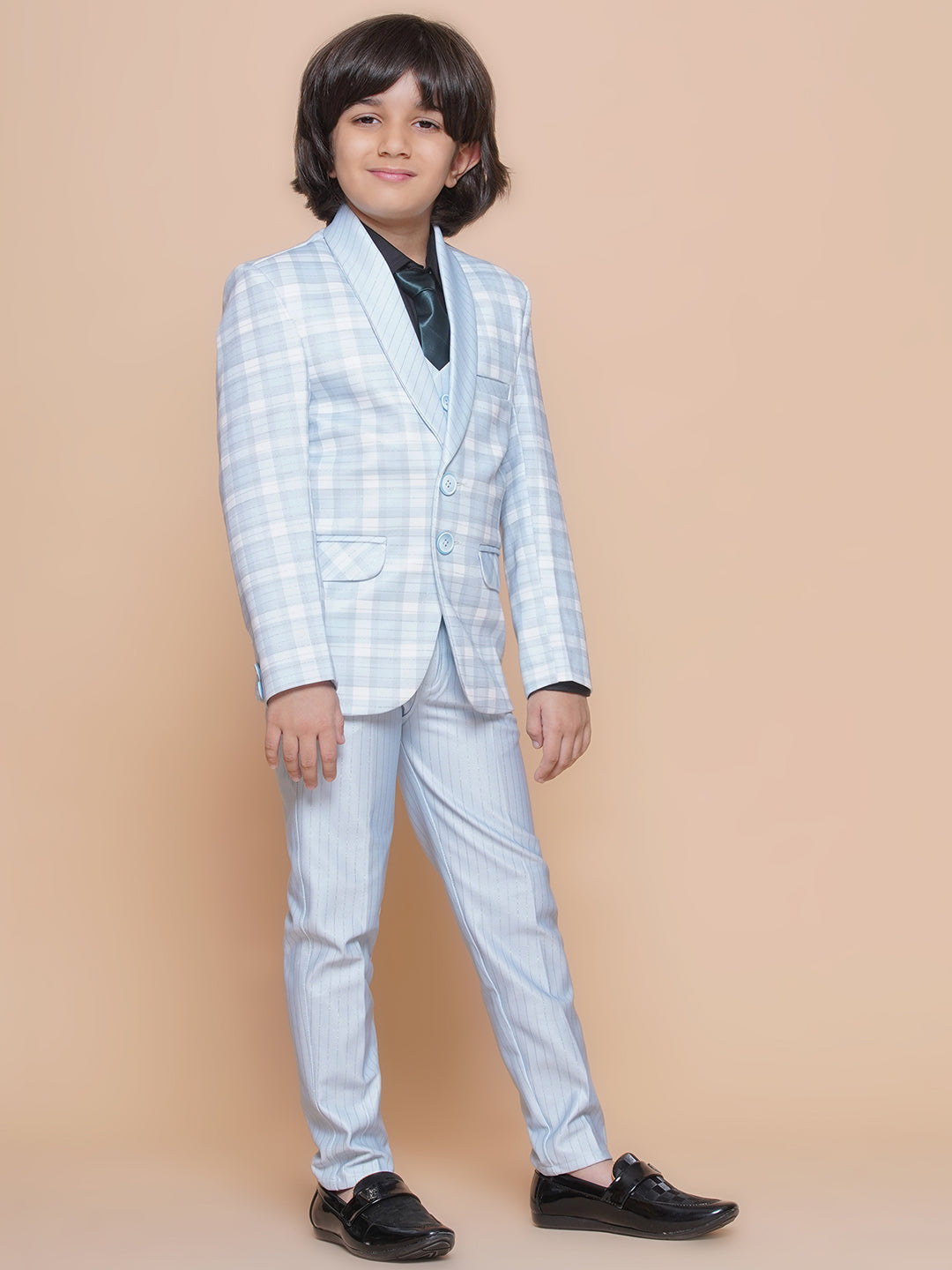 Boys Kids Check Sky Blue Cotton Blend Suit Set - AJ Dezines