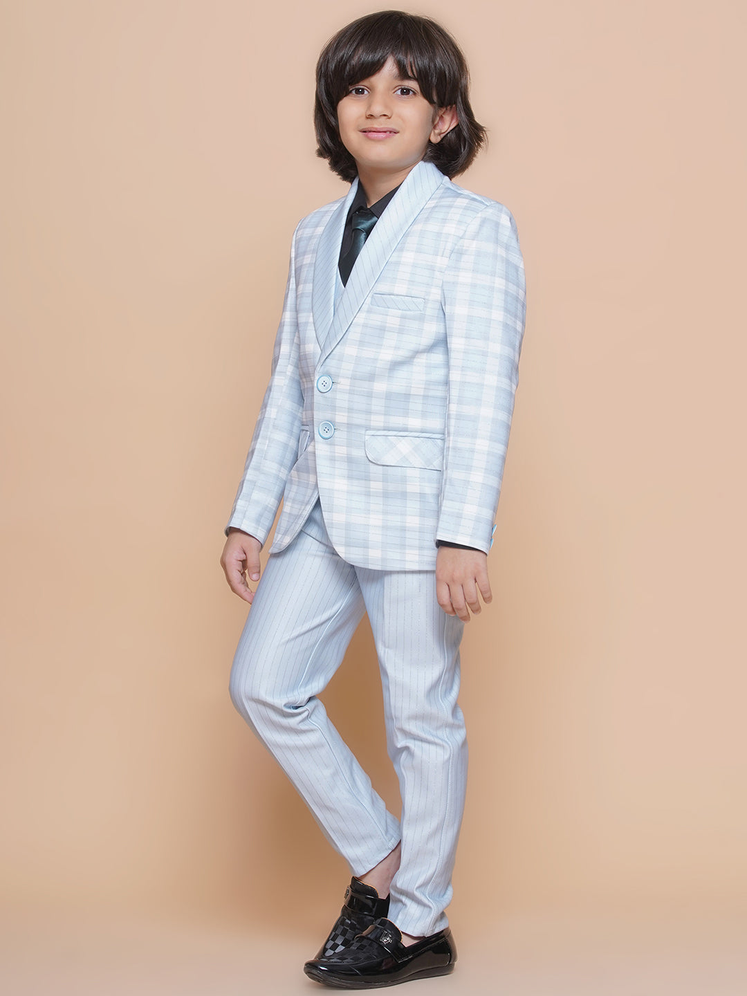 Boys Kids Check Sky Blue Cotton Blend Suit Set - AJ Dezines