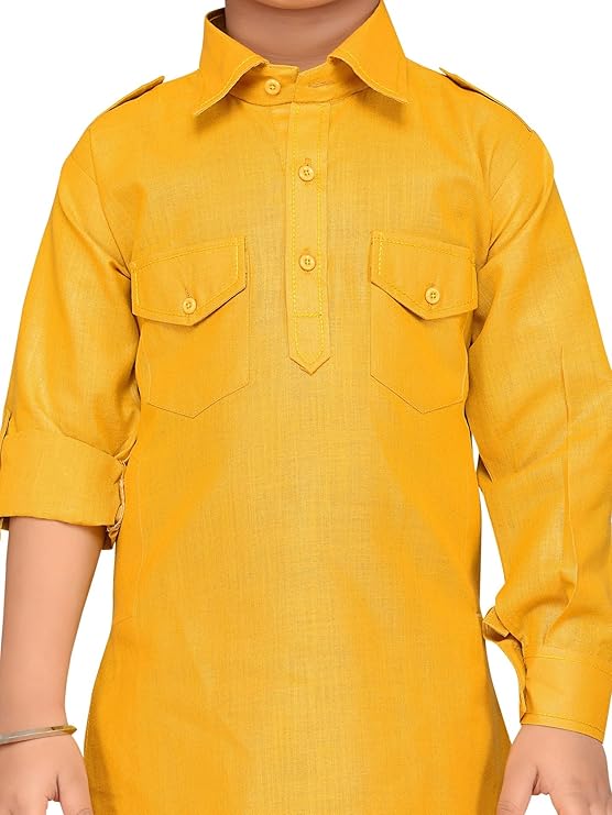Boys Mustard Solid Cotton Blend Pathani Suit Set for Kids - AJ Dezines