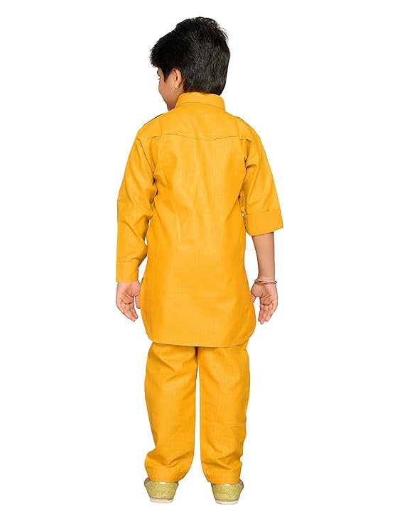 Boys Mustard Solid Cotton Blend Pathani Suit Set for Kids - AJ Dezines