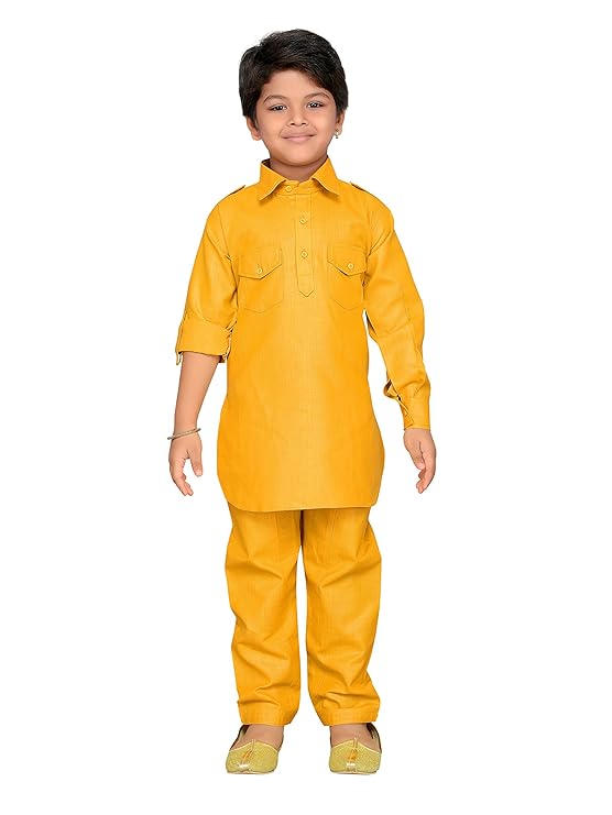 Boys Mustard Solid Cotton Blend Pathani Suit Set for Kids - AJ Dezines