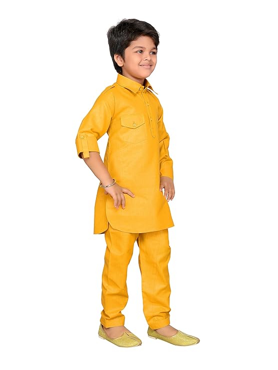 Boys Mustard Solid Cotton Blend Pathani Suit Set for Kids - AJ Dezines