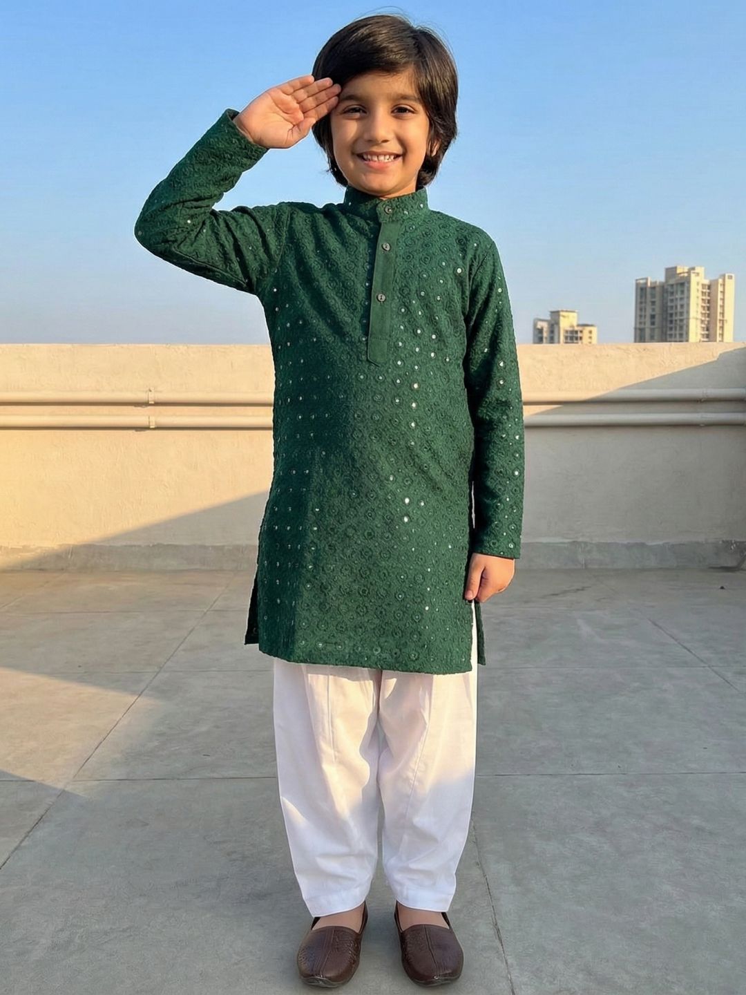 Kids Boys Teal Green Embroidered Cotton Kurta Pyjama Set - AJ Dezines