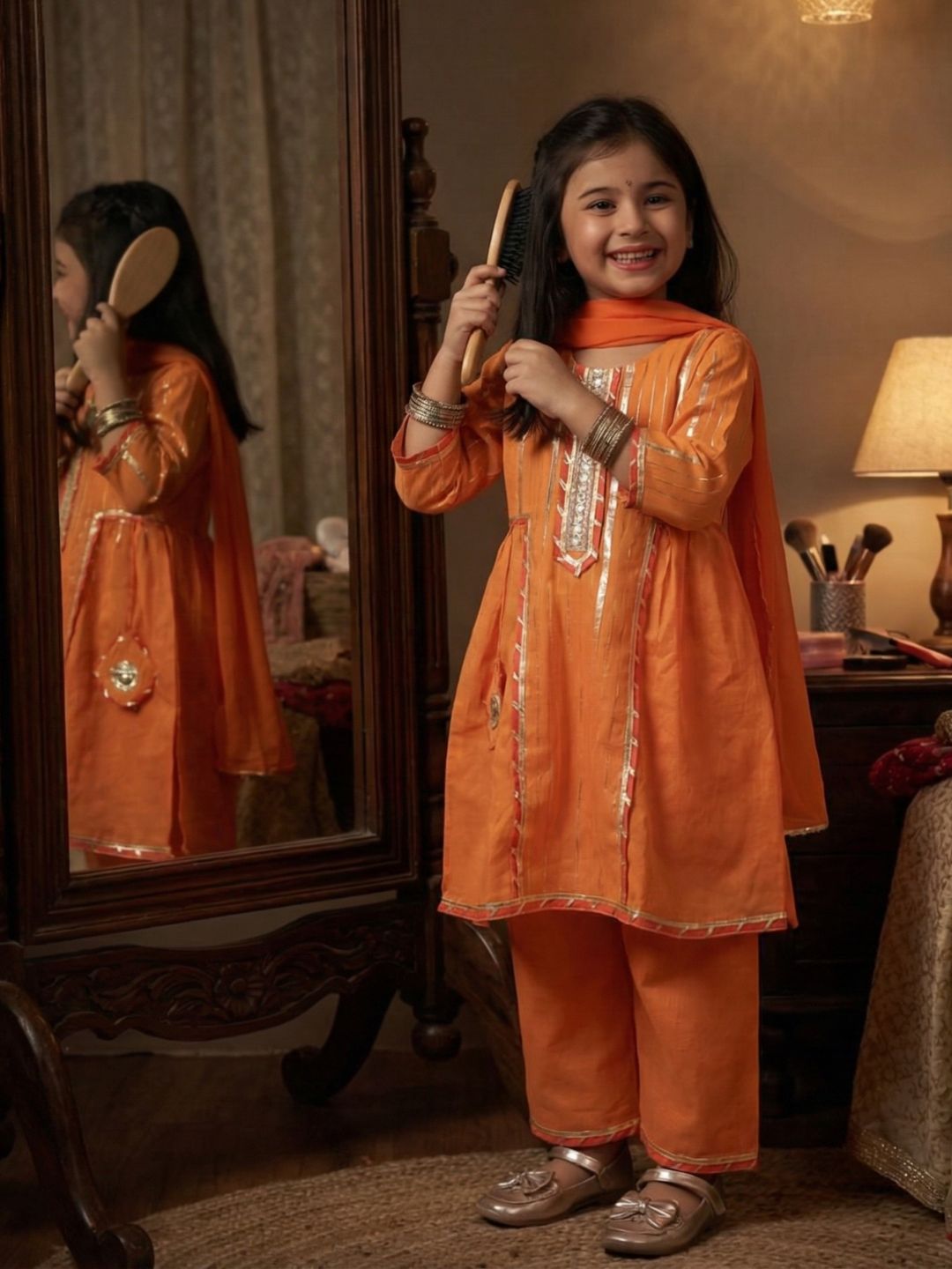 Girls Orange Cotton Sleeveless Lurex and Gotta Work Girls Suit Set