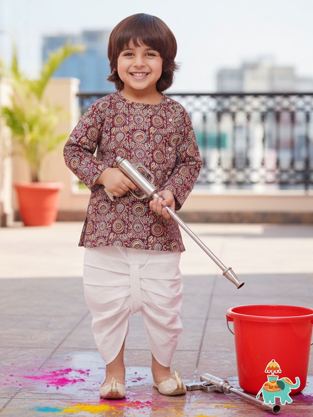 WINE Pure Cotton Full sleeves Abstract Print Dhoti Set for Boys - AJ Dezines