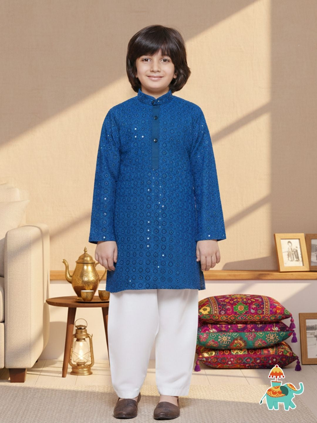 NAVY BLUE Schiffli Full sleeves Embroidered Kurta for Boys