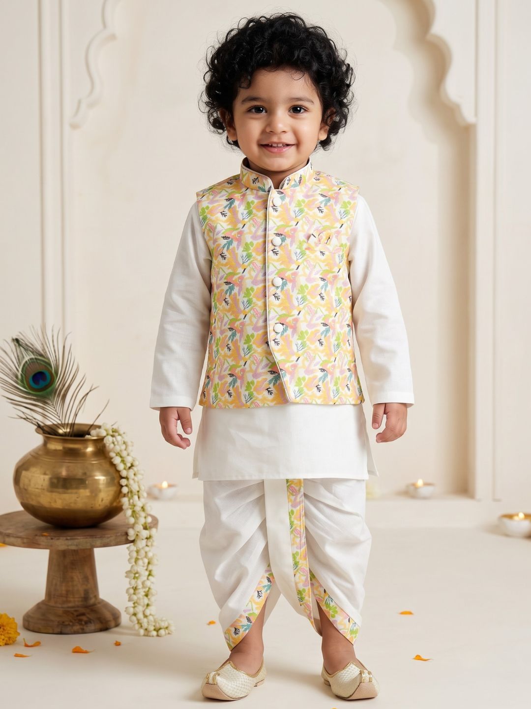 Yellow Cotton Full Sleeves Printed Dhoti Set