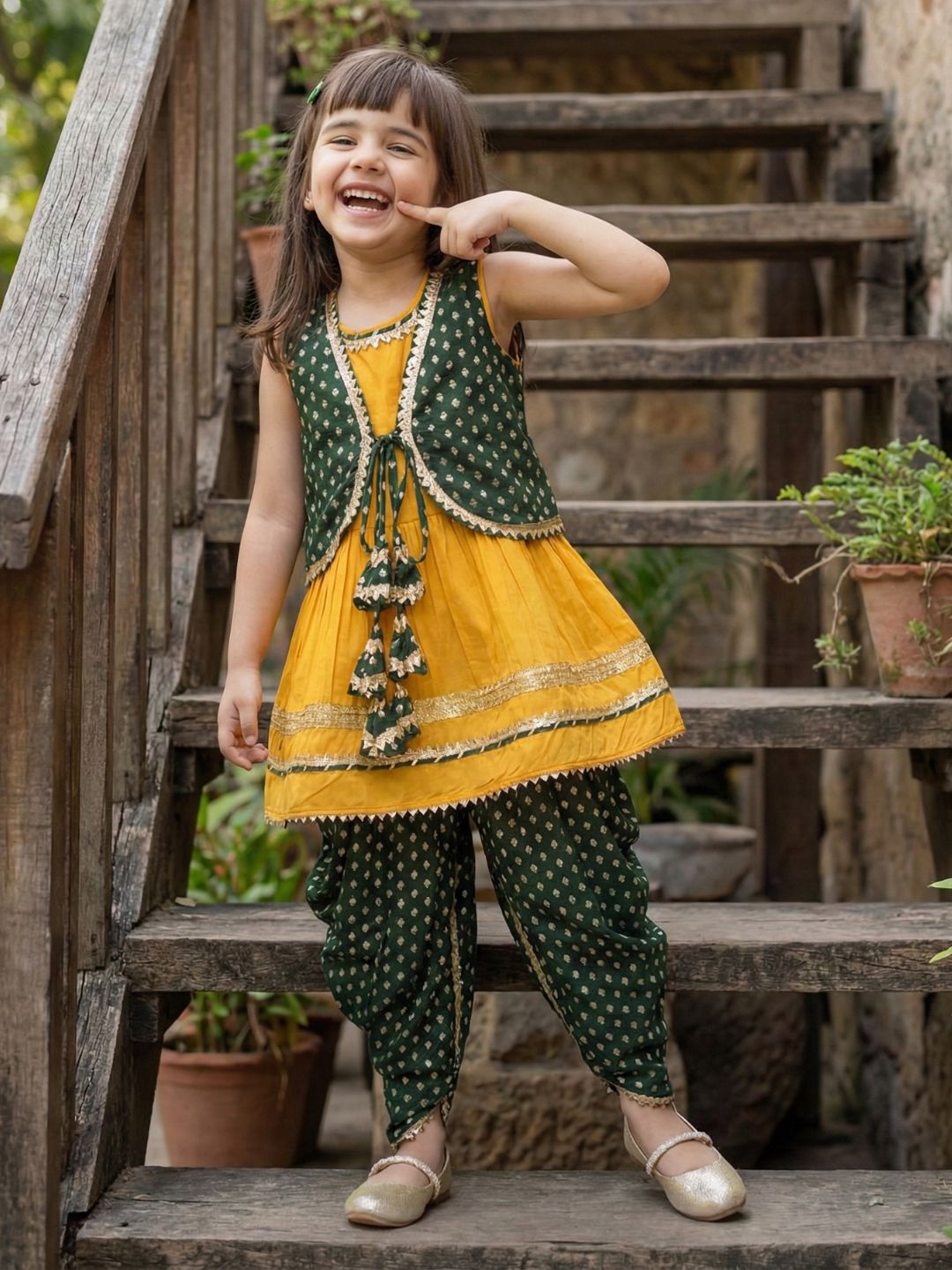Yellow Poly Chanderi Sleeveless Motif Print Girls Dhoti Style Suit Set With Dark Green Half Jacket For Girls - AJ Dezines