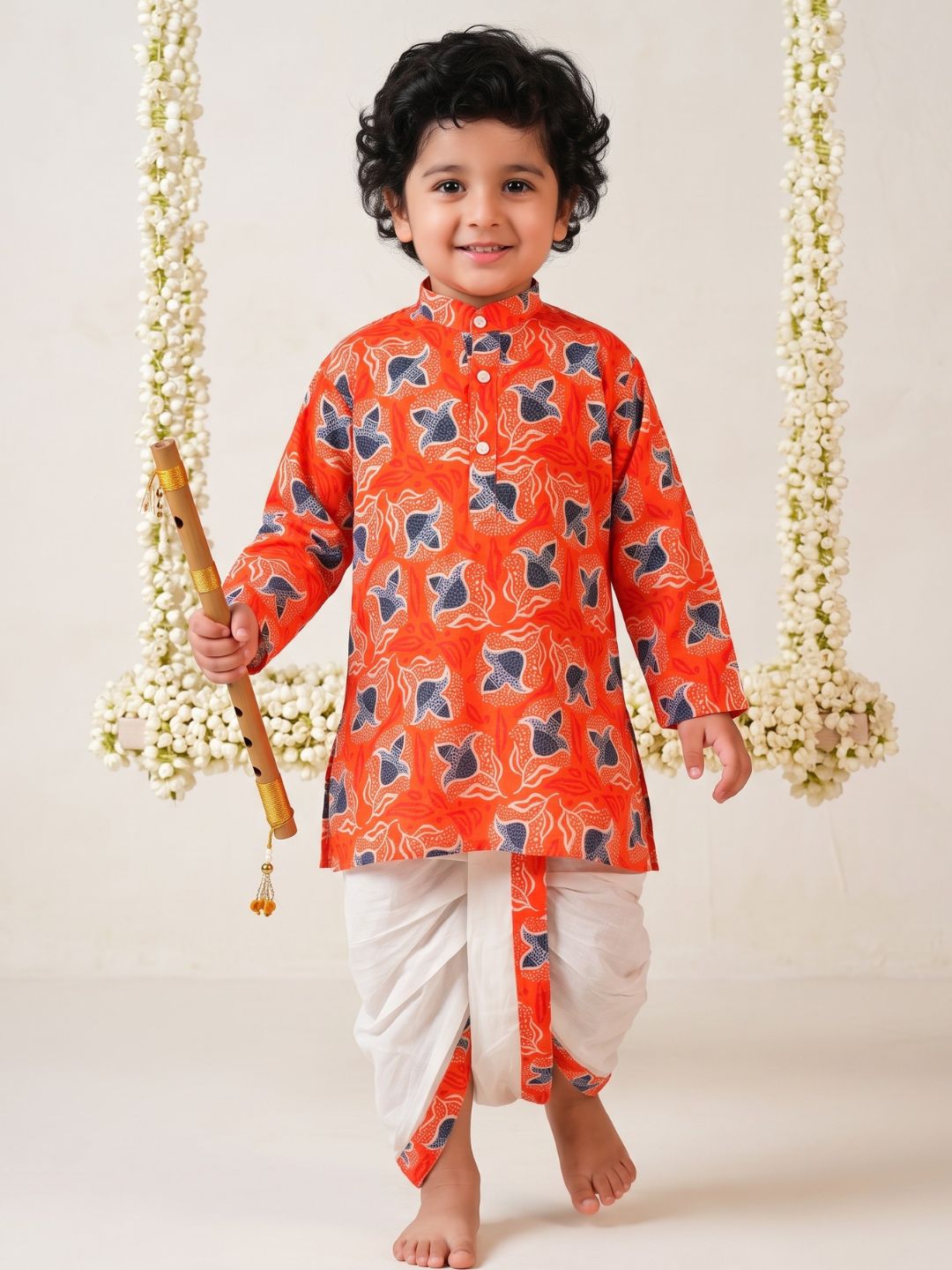 Boys Orange Cotton Full Sleeves Floral Printed Dhoti Set