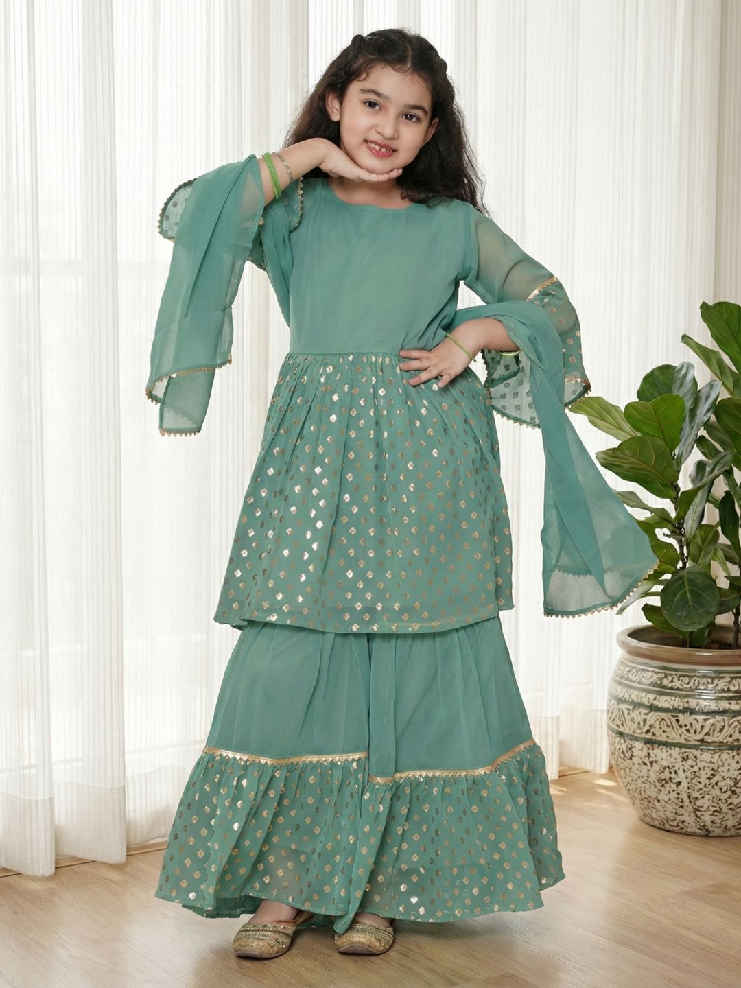 Green Georgette Three-Fourth Sleeves Motif Print Sharara Set For Girls - AJ Dezines