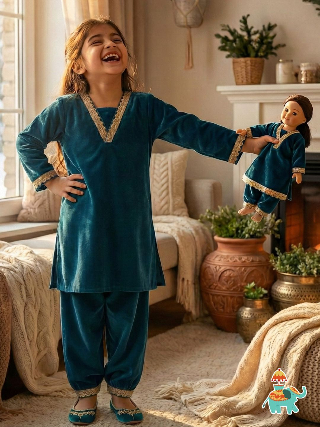 Turquoise Velvet 3/4th Sleeves Solid Girls Suit Set