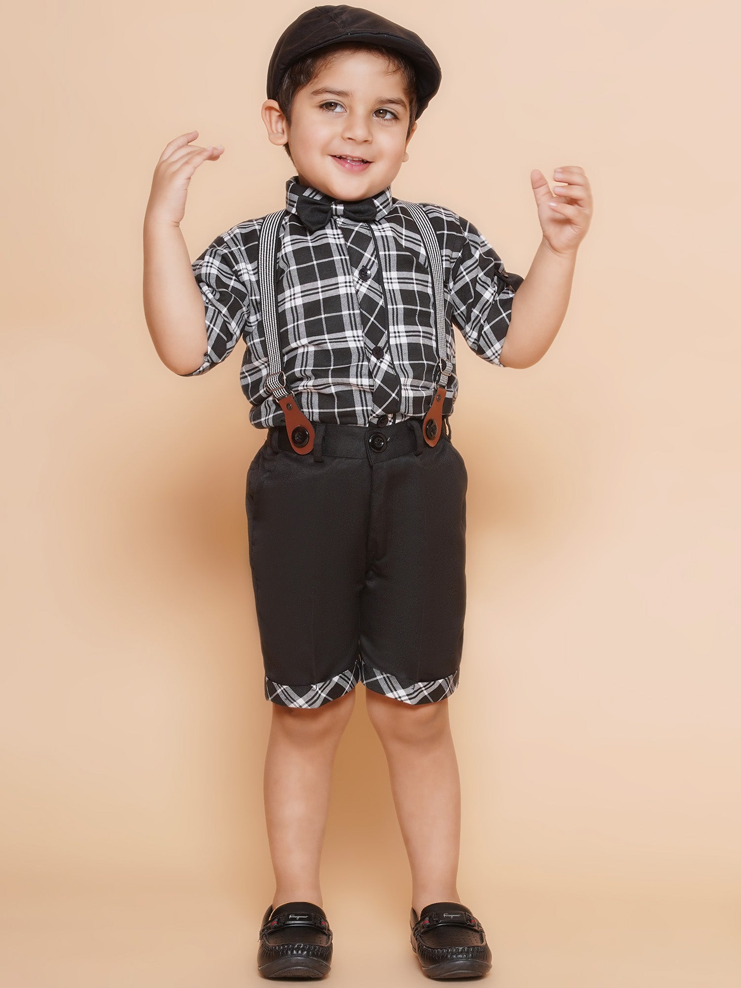 Boys Black Checkered Cotton T-shirt with Cap , Bow & Suspender - AJ Dezines