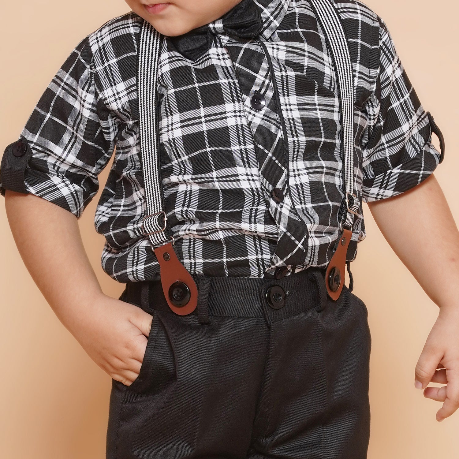 Boys Black Checkered Cotton T-shirt with Cap , Bow & Suspender - AJ Dezines