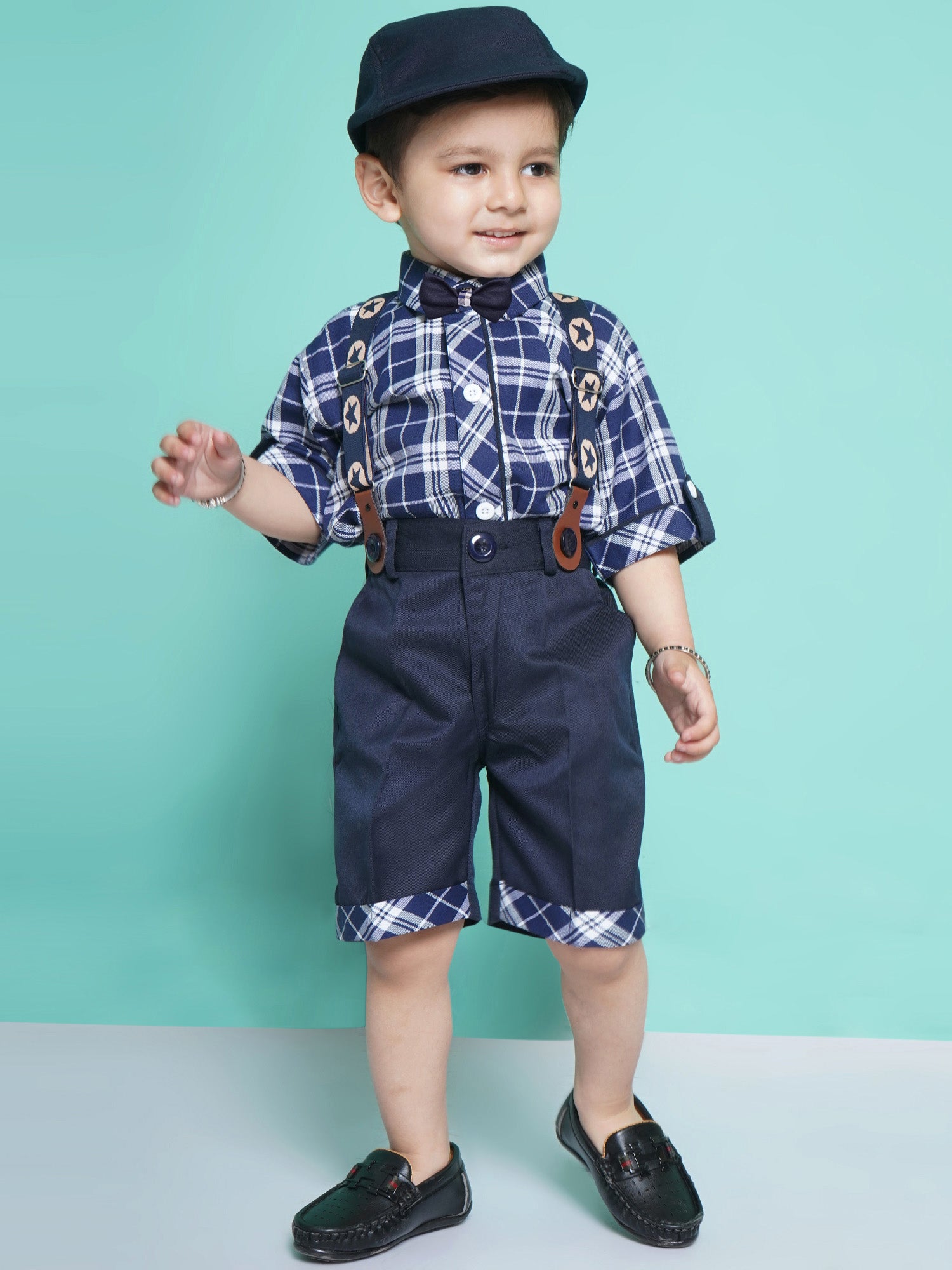 Boys Navy Blue Checkered Cotton Blend T-shirt with Cap, Bow & Suspender - AJ Dezines
