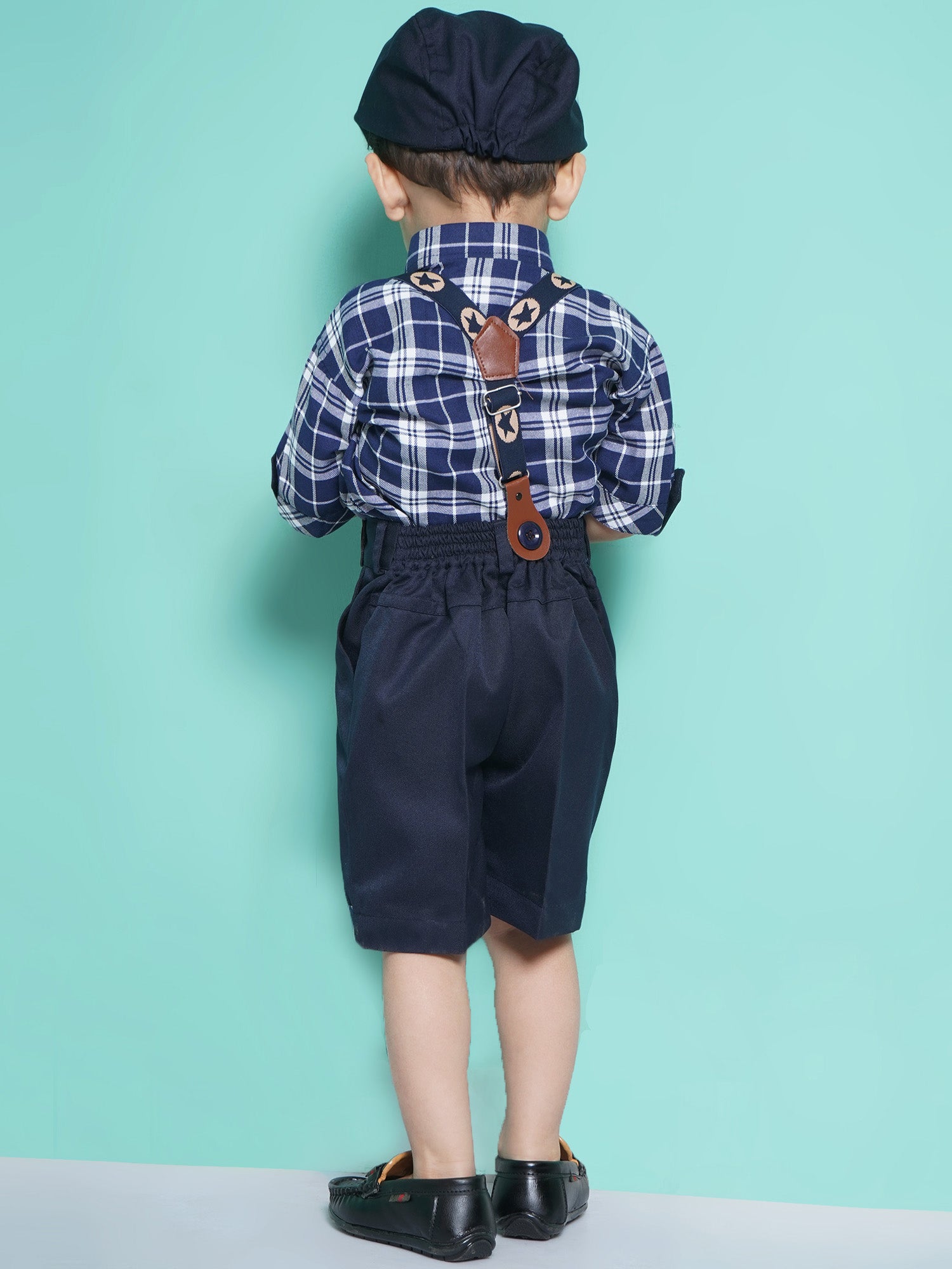 Boys Navy Blue Checkered Cotton Blend T-shirt with Cap, Bow & Suspender - AJ Dezines
