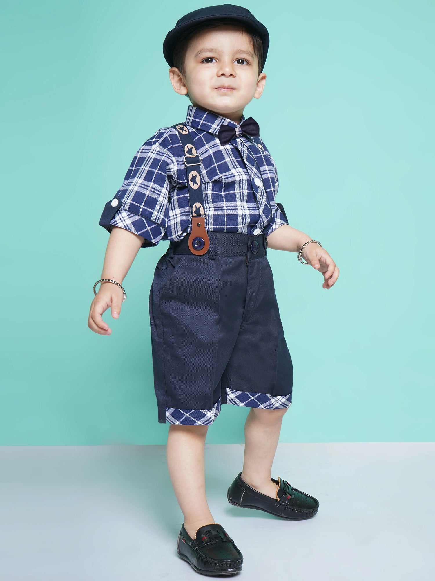Boys Navy Blue Checkered Cotton Blend T-shirt with Cap, Bow & Suspender - AJ Dezines