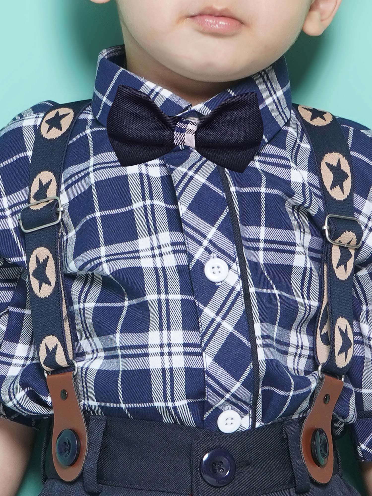 Boys Navy Blue Checkered Cotton Blend T-shirt with Cap, Bow & Suspender - AJ Dezines