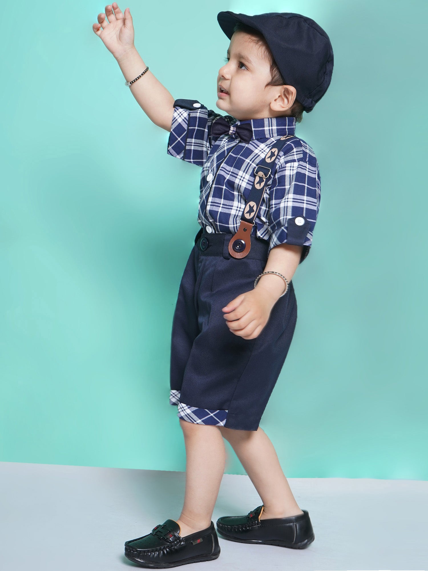 Boys Navy Blue Checkered Cotton Blend T-shirt with Cap, Bow & Suspender - AJ Dezines