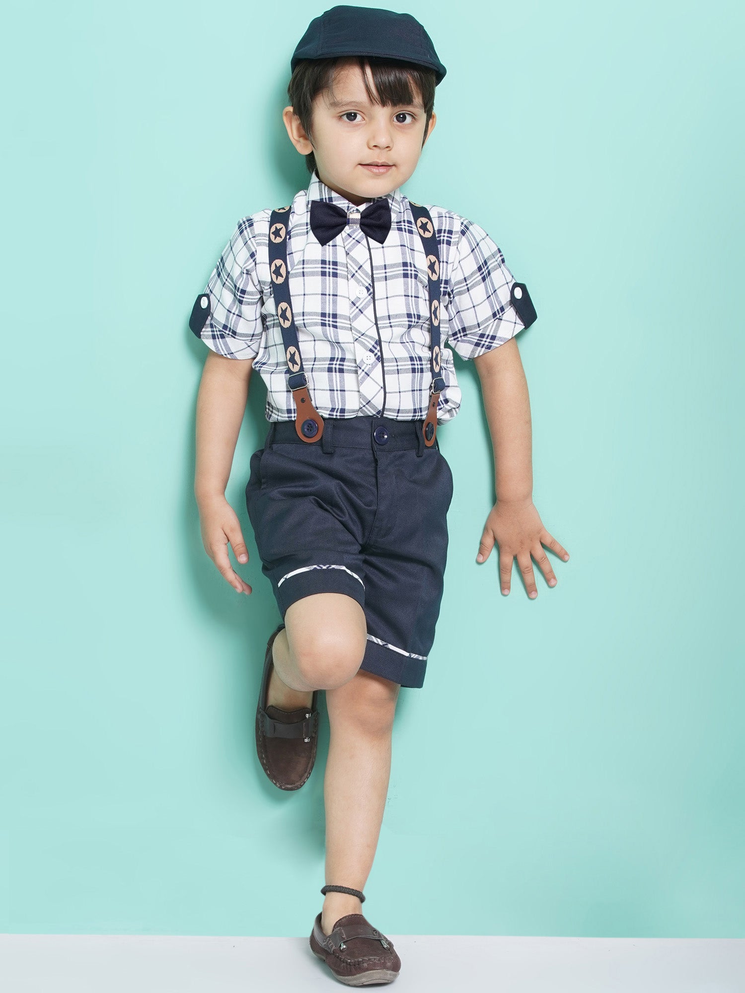 Kids Boys White Checkered Cotton Blend Dungaree - AJ Dezines