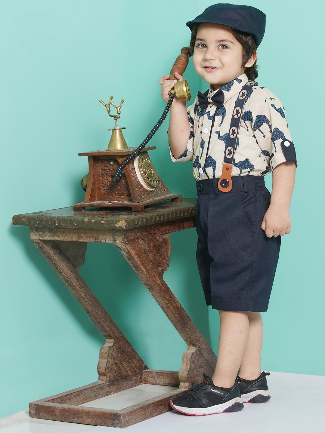 Boys Blue Animal Print Cotton Blend Shirt with cap & suspender for Party Wear - AJ Dezines