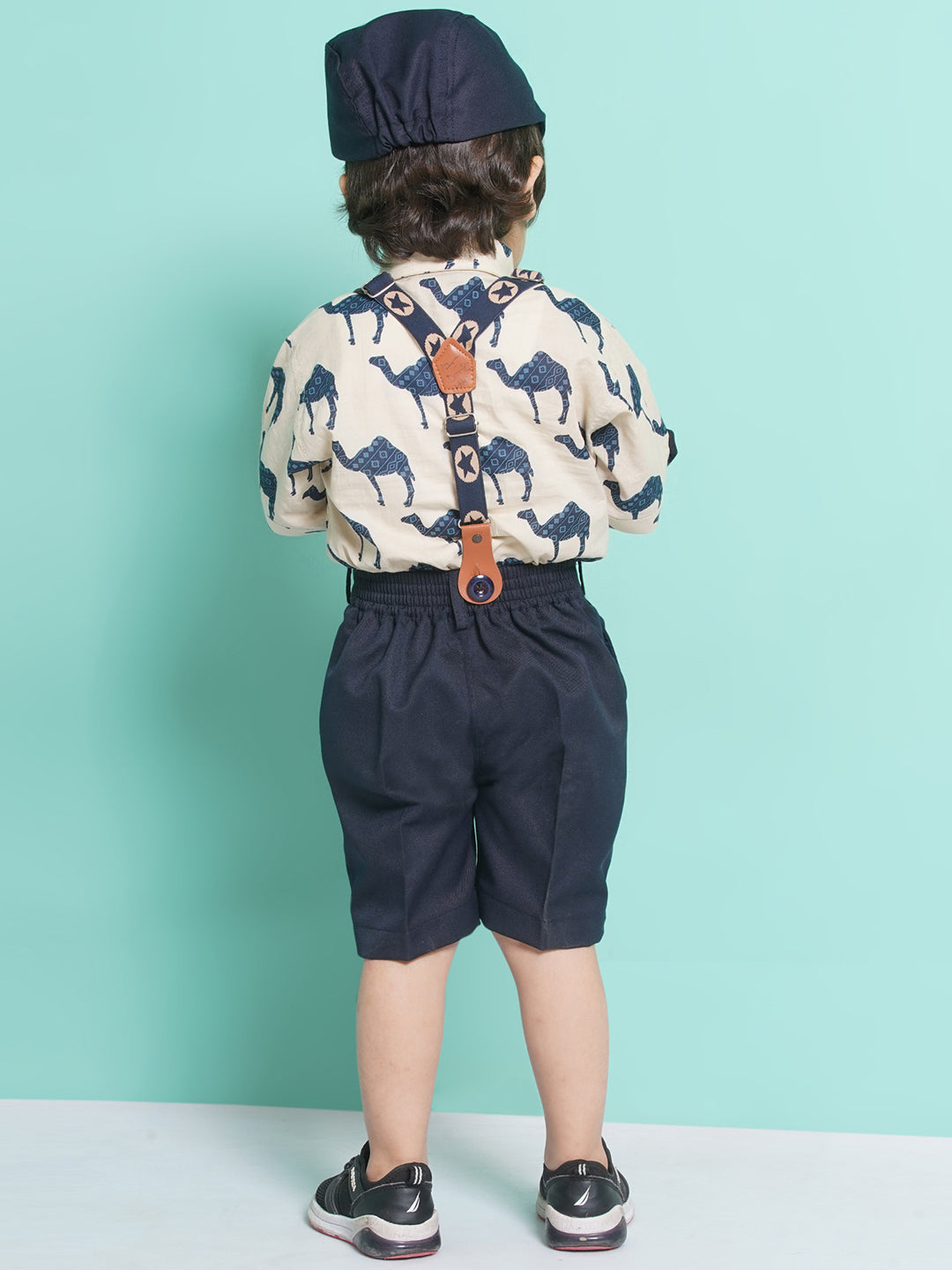 Boys Blue Animal Print Cotton Blend Shirt with cap & suspender for Party Wear - AJ Dezines