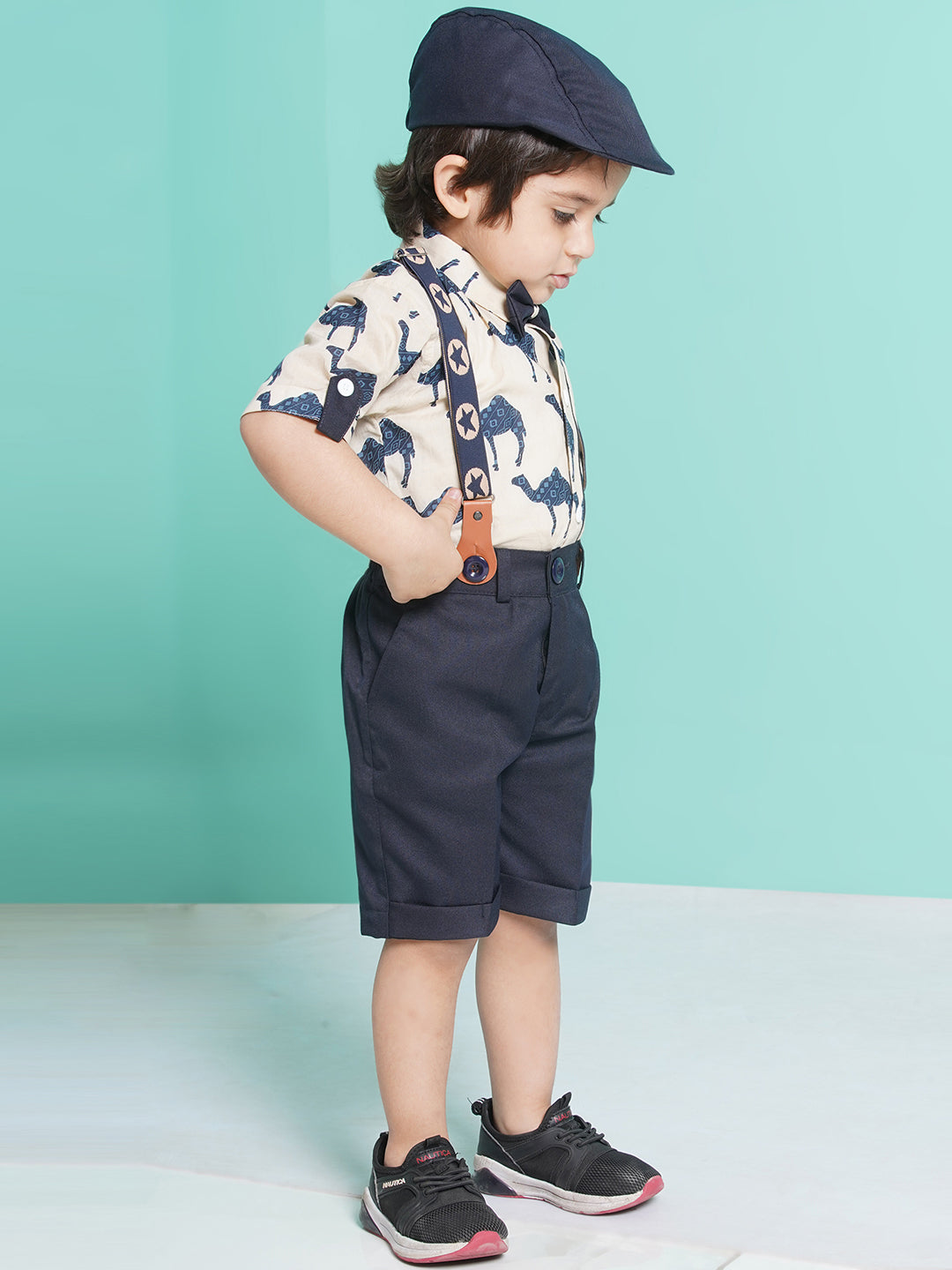 Boys Blue Animal Print Cotton Blend Shirt with cap & suspender for Party Wear - AJ Dezines