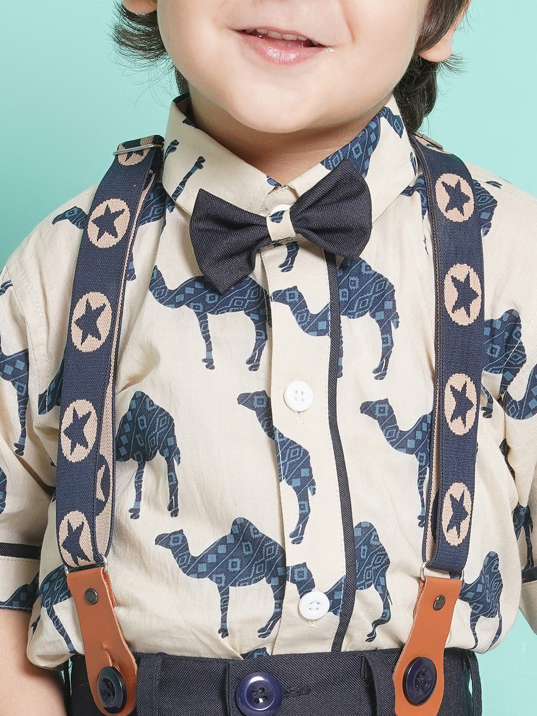 Boys Blue Animal Print Cotton Blend Shirt with cap & suspender for Party Wear - AJ Dezines