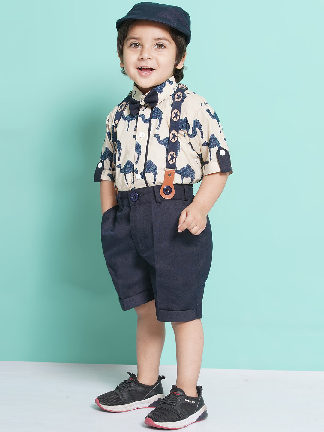 Boys Blue Animal Print Cotton Blend Shirt with cap & suspender for Party Wear - AJ Dezines