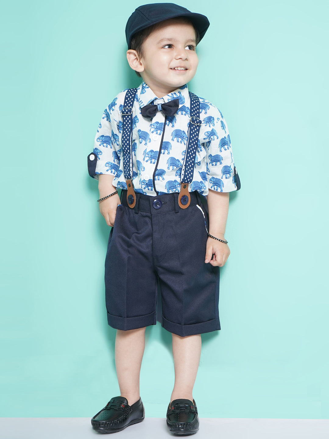 Boys Blue Animal Print Cotton Blend Shirt with Bow , Cap & Suspender - AJ Dezines